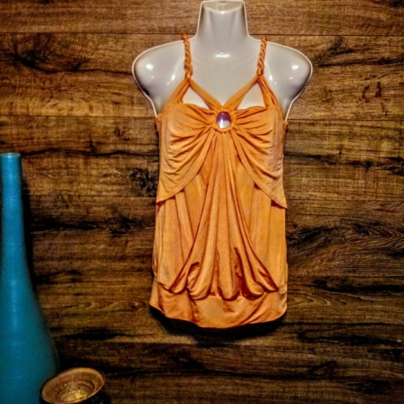 BEBE Top Size M Ruched Toga Twist Strap EUC - Picture 2 of 10